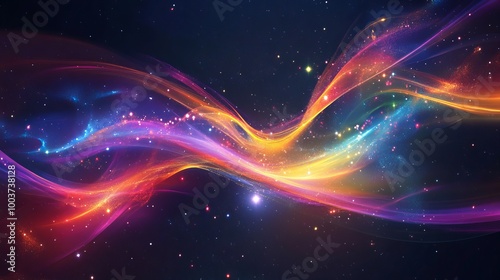 A vibrant vector background depicts an abstract universe filled with colorful galaxies and glowing stars. 