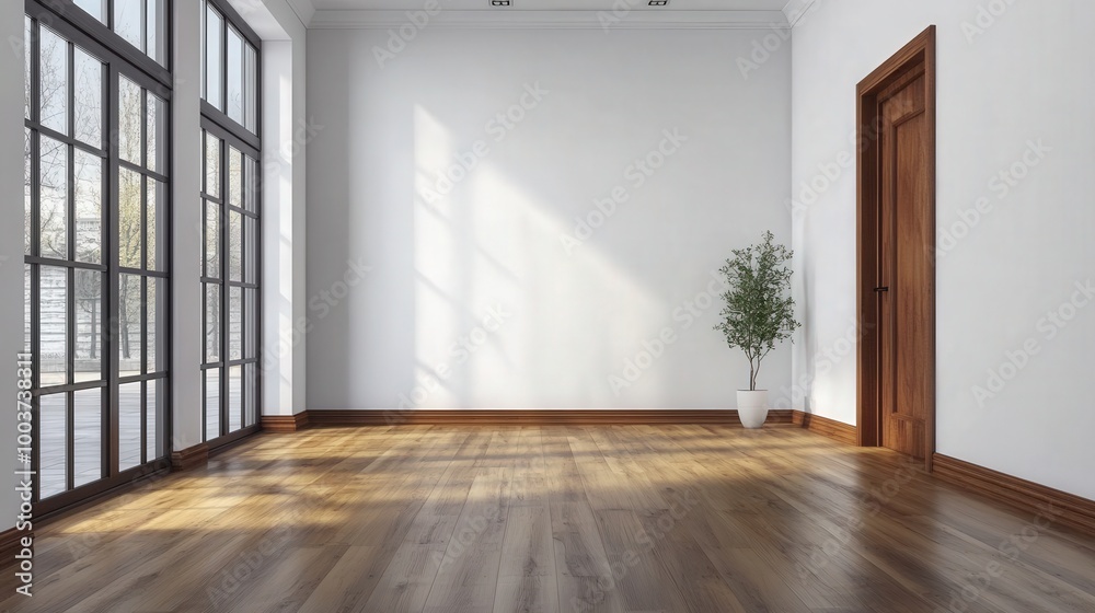 Fototapeta premium Bright Empty Room with Wood Trim and Large Windows