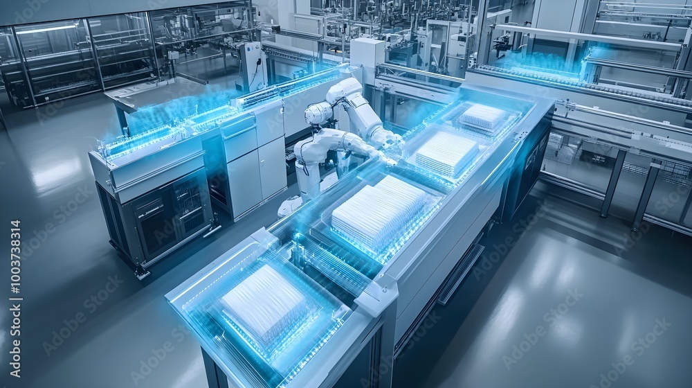 Aerial view of an advanced food factory where AI robots inspect product quality and automate packaging, sleek machinery, clean environment, modern production lines Aerial view of an advanced food factory where AI robots inspect product quality and automate packaging, sleek machinery, clean environment, modern production lines