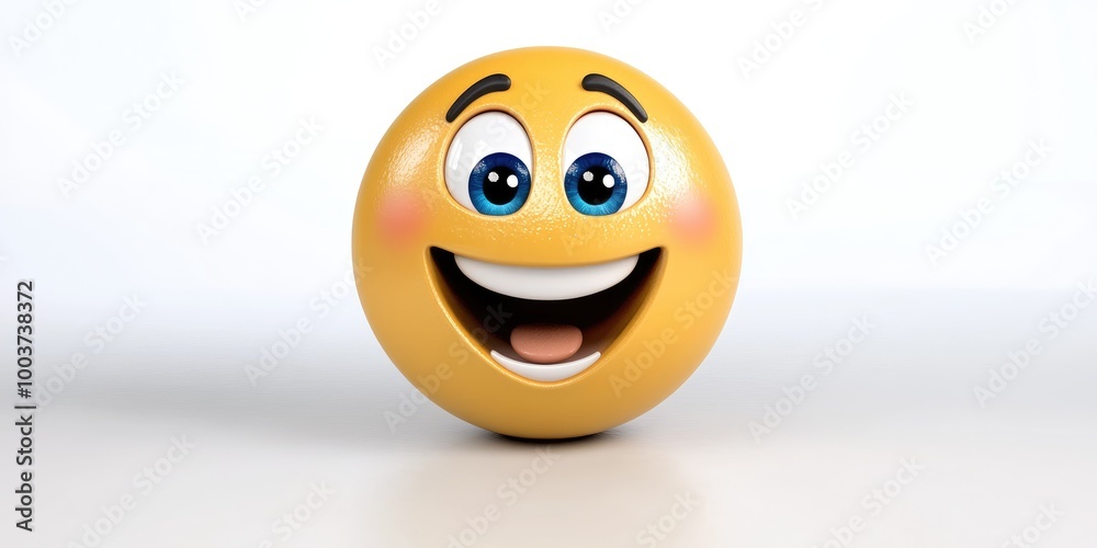 Fototapeta premium A cheerful yellow emoji with bright blue eyes and a big smile exuding joy and positivity against a minimalist background, capturing a playful moment in a bright and vibrant space