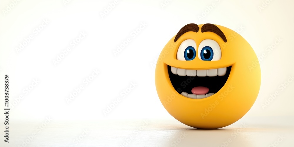 Obraz premium A joyful yellow emoji character grinning widely against a soft, light-colored background, radiating positivity and cheerfulness in a whimsical setting