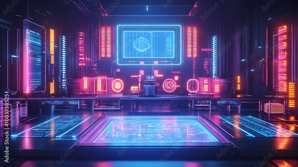Digital dashboard displaying AI-powered food quality control metrics, floating holograms, vibrant neon, futuristic factory backdrop, 3D rendering, high-tech minimalism Digital dashboard displaying AI-powered food quality control metrics, floating holograms, vibrant neon, futuristic factory backdrop, 3D rendering, high-tech minimalism