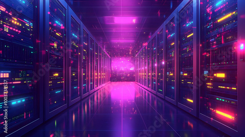 3D Rendered Server Room with Glowing Neon Lights in a Futuristic Cyberspace