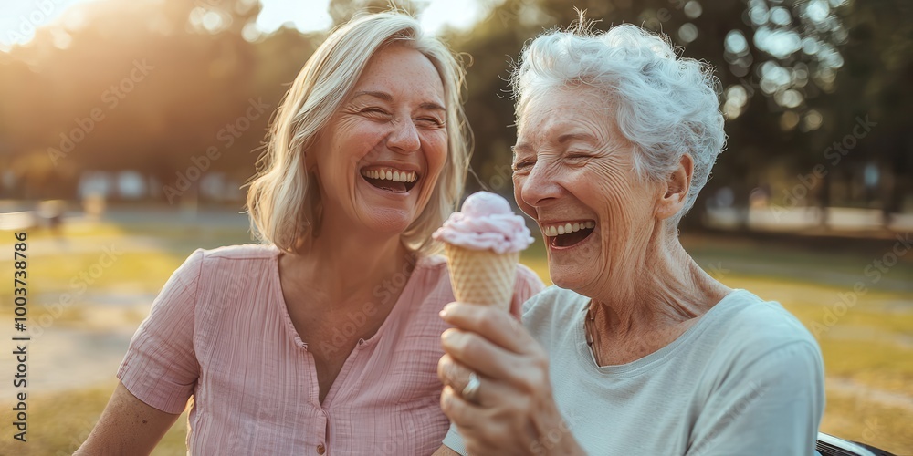 A heartwarming moment between two women sharing laughter and enjoying ice cream on a sunny day in a park. A heartwarming moment between two women sharing laughter and enjoying ice cream on a sunny day in a park.
