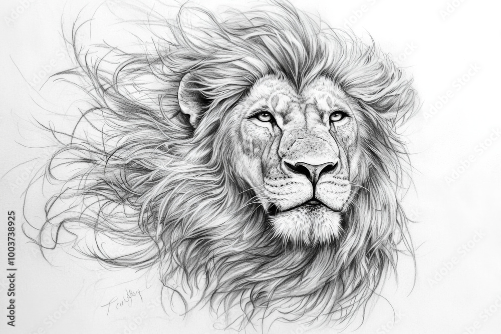 A detailed black and white sketch of a lion's head, showcasing its majestic mane and expressive features. A detailed black and white sketch of a lion's head, showcasing its majestic mane and expressive features.