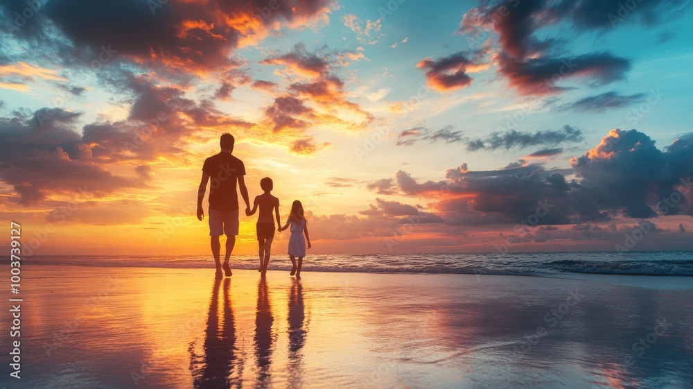 Family silhouette walking on the beach during a colorful sunset. Family silhouette walking on the beach during a colorful sunset.
