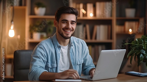 Young man working on laptop in home office setting