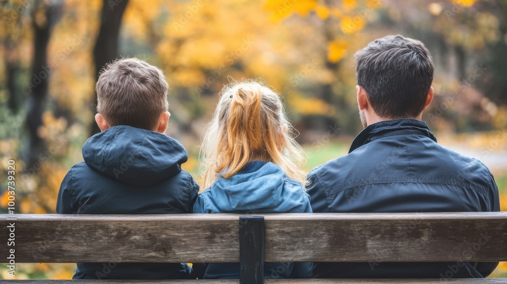 Family sitting on a bench enjoying nature during autumn season. Family sitting on a bench enjoying nature during autumn season.