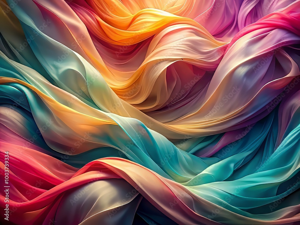 Fototapeta premium Ethereal abstract background featuring undulating colorful silk waves with soft, elegant folds, evoking a sense of luxurious serenity and sophisticated beauty.