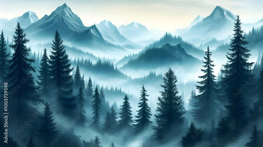Fototapeta premium A Serene Digital Painting of a Misty Mountain Forest with Tall Pine Trees Reaching for the Sky, Creating a Dreamy Atmosphere