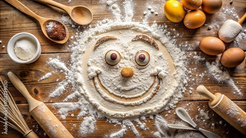 A joyful face made from flour on a kitchen counter, surrounded by scattered flour and baking utensils, evoking a sense of playful kitchen creativity. photo