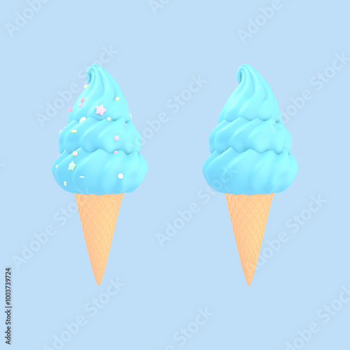 3D render a set of cartoon turquoise soft serve ice cream objects on blue background.