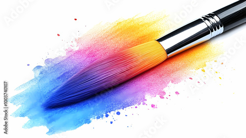 A Paintbrush Resting on a Colorful Watercolor Splash with a White Background