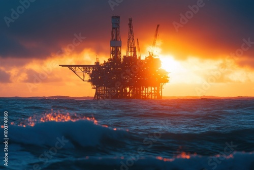 Offshore oil rig at sunset over the ocean