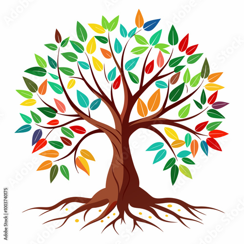 Tree with green leaves and roots vector illustration