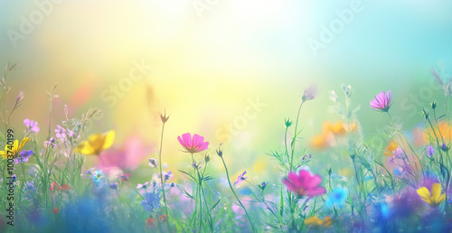 Colorful wildflowers in the meadow, blurred background, bokeh effect, vibrant colors