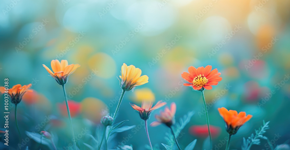 Colorful wildflowers in the meadow, blurred background, bokeh effect, vibrant colors Colorful wildflowers in the meadow, blurred background, bokeh effect, vibrant colors