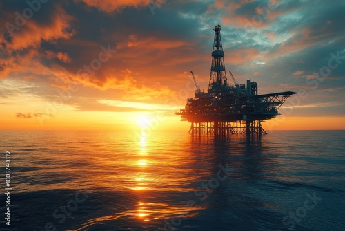 Offshore oil rig at sunset over the ocean