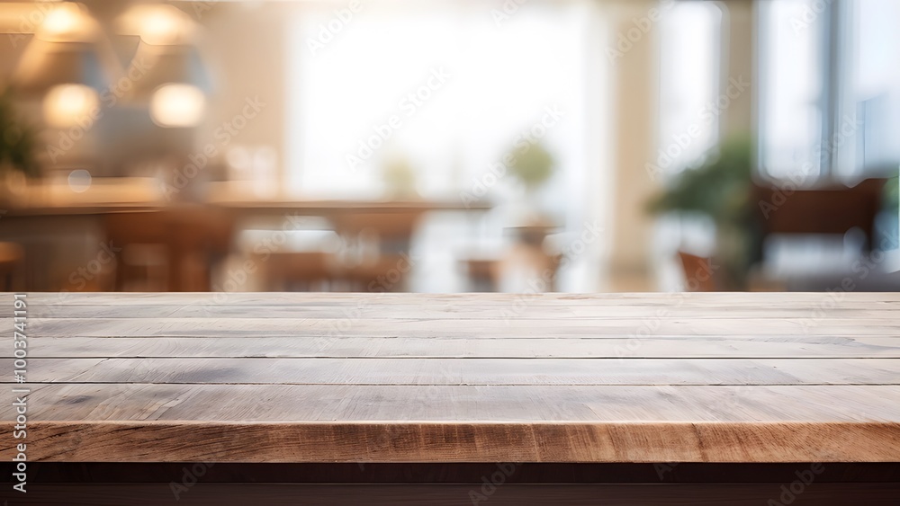 The wood table top on a blurred interior background The wood table top on a blurred interior background