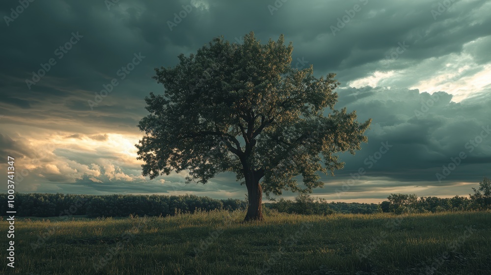 Majestic oak tree in a meadow under dramatic cloudy skies. Majestic oak tree in a meadow under dramatic cloudy skies.