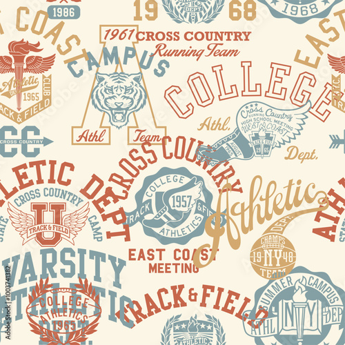 College athletic department badges and symbols patchwork wallpaper vintage vector seamless pattern for sport wear fabric boy kid man shirt 