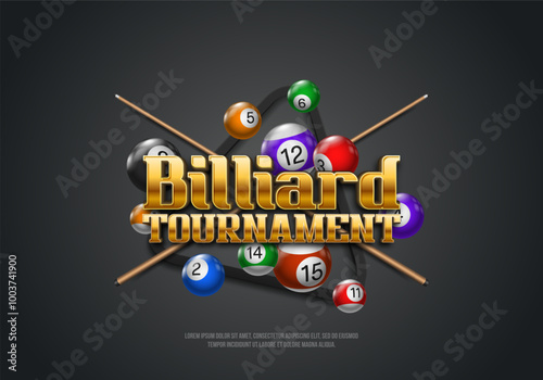 Billiard tournament banner with cues and colorful balls. Poster for sports championship. Vector illustration.