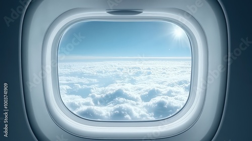 Airplane Window View of Blue Sky and White Clouds