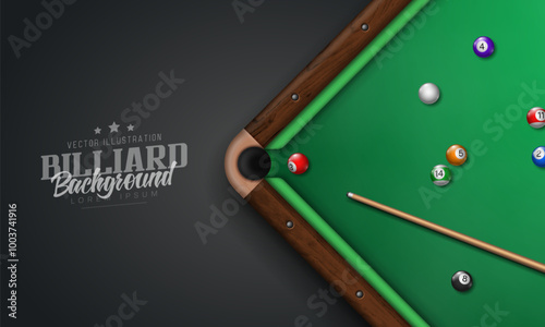 Billiard table with balls and cue. Pool table top view. Vector illustration.