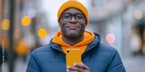A black man in his thirties wearing glasses and an orange hoodie, with dark blue jacket is holding phone to make video call on the street