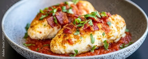 A close-up of Cajun chicken pasta with fire-grilled chicken, paprika, and red peppers in the background, on a black plate. Food photography, front view.