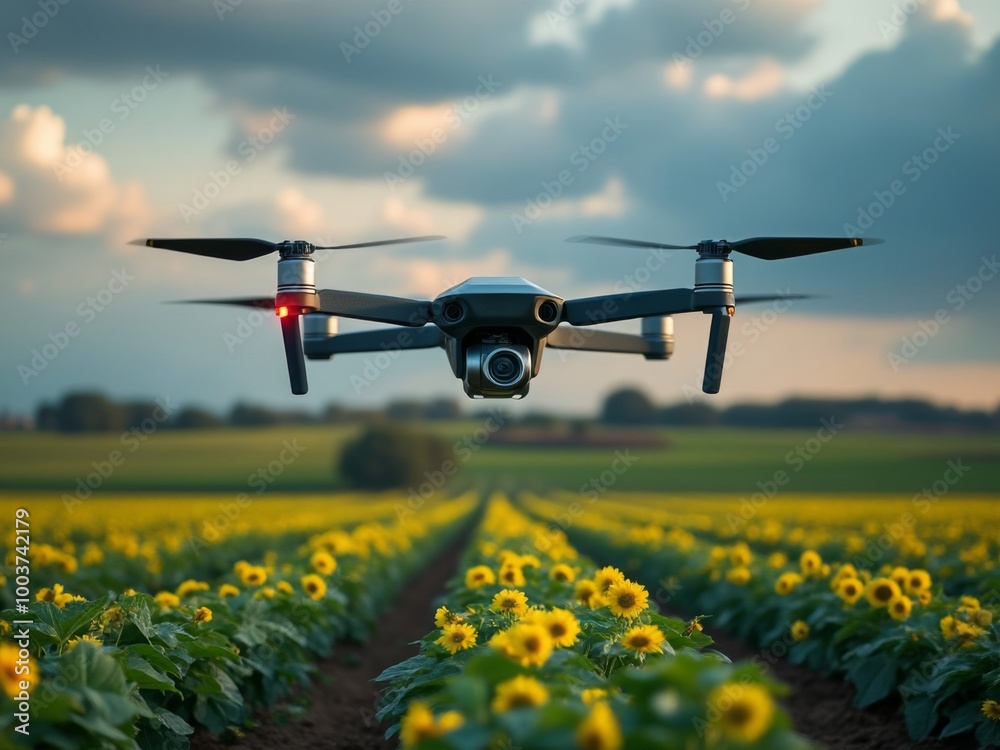 Drone flying over sunflower field in rural landscape with dramatic cloudy sky, showcasing technology and agriculture in harmony Drone flying over sunflower field in rural landscape with dramatic cloudy sky, showcasing technology and agriculture in harmony