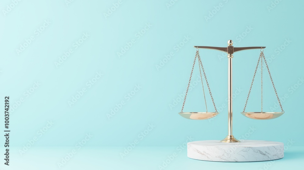 A gold balancing scale on a white marble base against a light blue background, symbolizing justice and fairness. A gold balancing scale on a white marble base against a light blue background, symbolizing justice and fairness.
