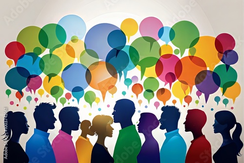 Wallpaper Mural Diverse colorful thinking and speech bubbles surrounding a panoramic banner of silhouetted community members' heads, representing dynamic team collaboration and effective communication. Torontodigital.ca