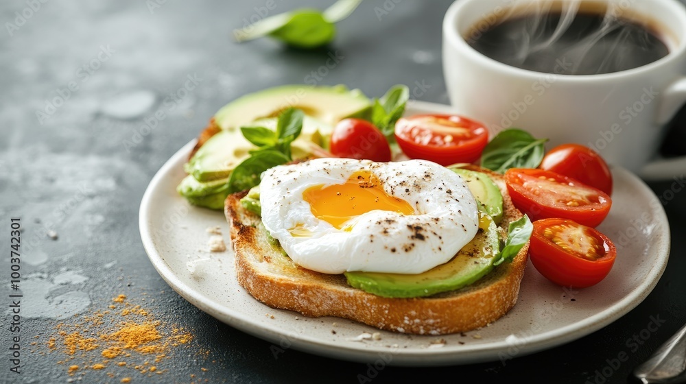 Delicious Breakfast with Poached Egg and Avocado Toast Delicious Breakfast with Poached Egg and Avocado Toast