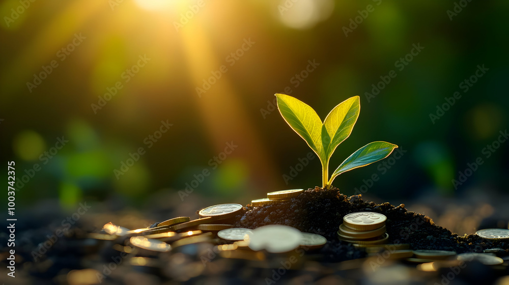A Small Green Plant Growing Up From Soil Surrounded by Gold Coins in Sunlight A Small Green Plant Growing Up From Soil Surrounded by Gold Coins in Sunlight