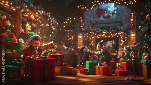 A 3D animated workshop filled with busy elves, wrapping gifts with festive paper and ribbons