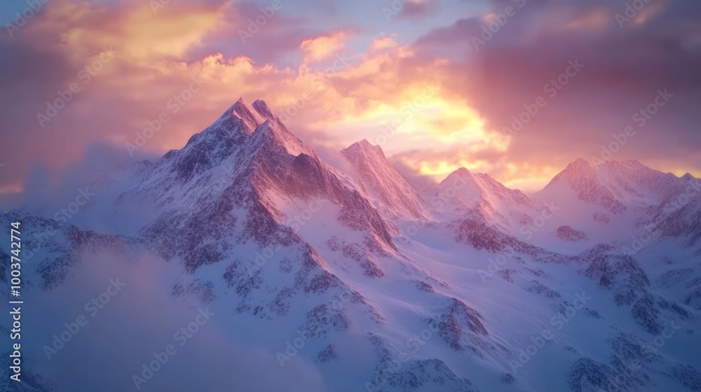 Majestic mountain landscape at sunset, showcasing peaks bathed in warm light and clouds. Majestic mountain landscape at sunset, showcasing peaks bathed in warm light and clouds.