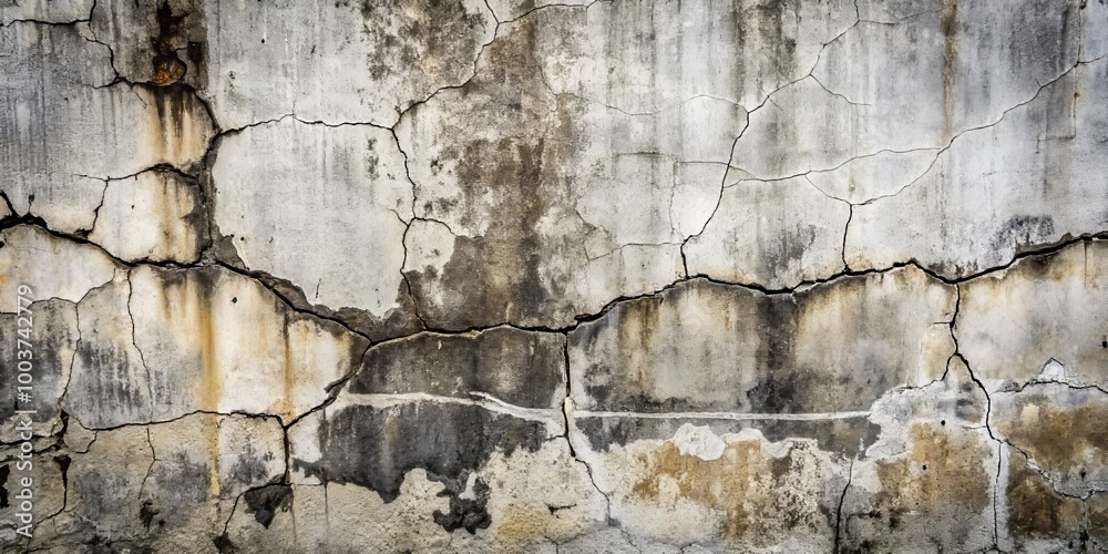 Fototapeta premium Weathered concrete wall texture with deep cracks and scratches forming an abstract pattern, evoking a sense of age and decay, in a striking black and white palette.