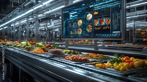 Wallpaper Mural Advanced food production line, AI monitoring system displayed on a huge screen, real-time data analytics, safety checks, and quality control updates Torontodigital.ca