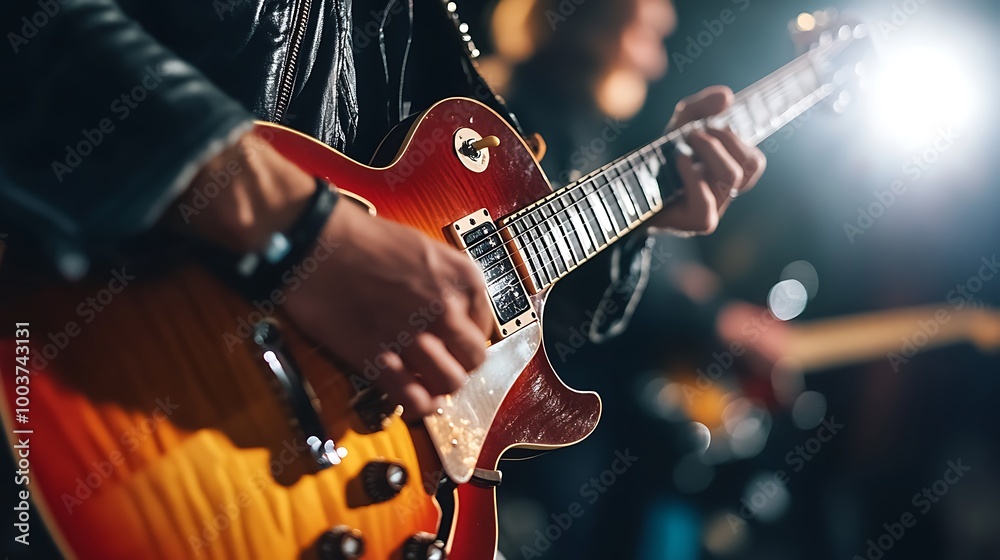 Naklejka premium Musicians Playing Guitars on Stage in Vibrant Atmosphere
