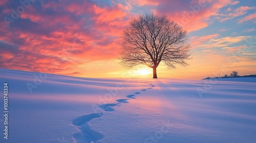 Solitary tree on snowy field at sunrise