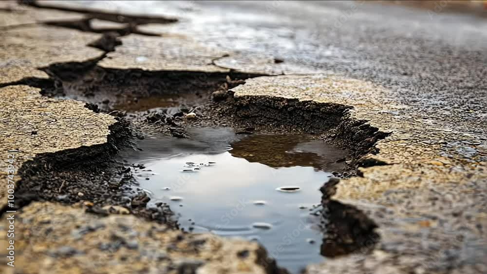 Example of poor road maintenance: high angle view of damaged asphalt road with cracks and a large deep pothole Example of poor road maintenance: high angle view of damaged asphalt road with cracks and a large deep pothole