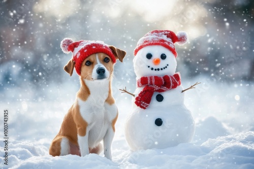 Dog sitting beside snowman wearing matching red hats photo