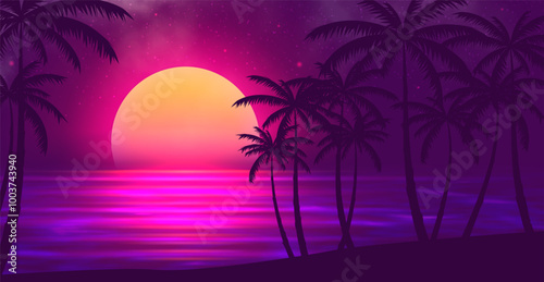 Futuristic landscape with palm trees and sunset. 80s retro neon concept. Vector illustration.