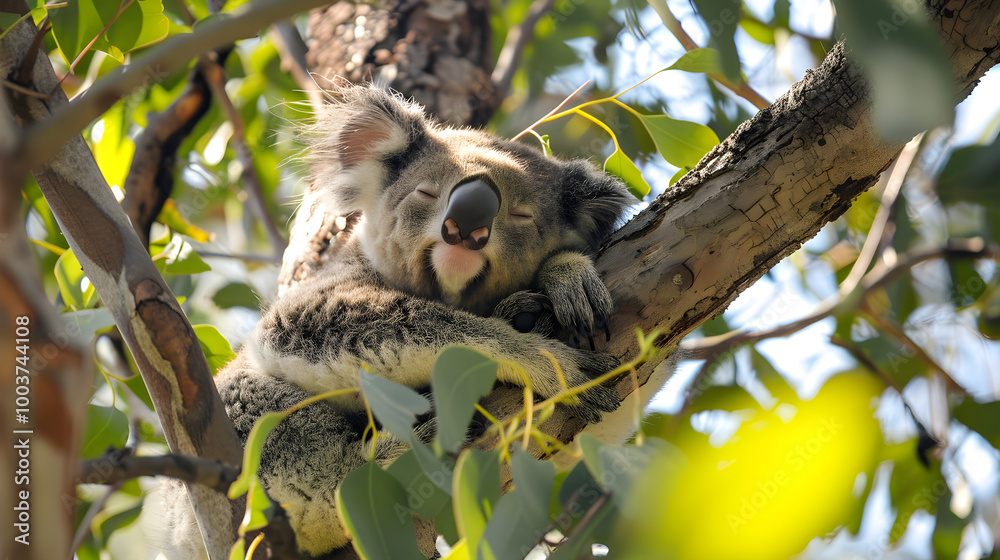 Fototapeta premium A koala peacefully napping in a eucalyptus tree, surrounded by lush green leaves and branches.