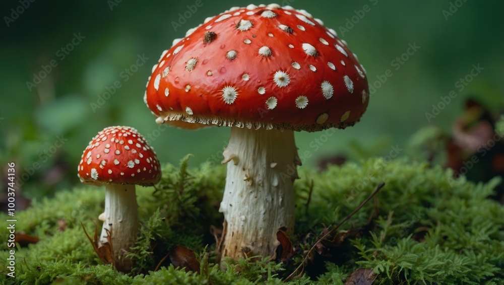 Close-up of Amanita muscaria mushrooms growing on forest floor with green moss Close-up of Amanita muscaria mushrooms growing on forest floor with green moss