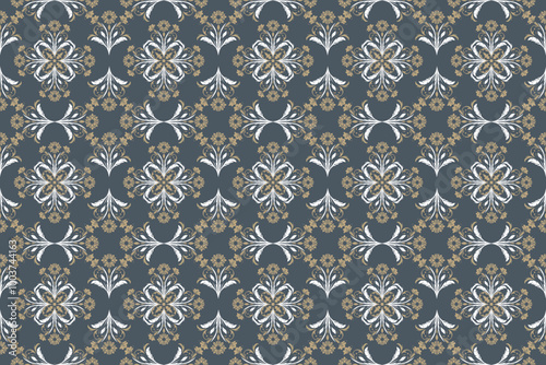 Seamless damask pattern in elegant white and gold floral motifs on a navy blue background. Ideal for use as wallpaper, fabric and home decor.