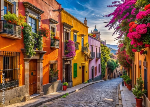 Vibrant colonial architecture lines cobblestone streets, adorned with blooming flowers, ornate balconies, and brightly colored facades, showcasing San Miguel de Allende's charming Mexican heritage. photo