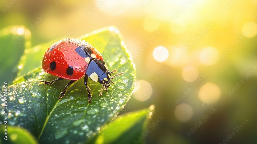 Obraz premium Ladybug on Leaf with Dew in Golden Light
