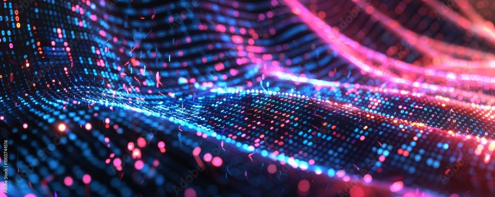 Abstract background with a glowing digital wave of data and code, an AI technology concept. Futuristic landscape with binary code in neon colors. Glowing pixel light effect on a dark backdrop. Abstract background with a glowing digital wave of data and code, an AI technology concept. Futuristic landscape with binary code in neon colors. Glowing pixel light effect on a dark backdrop.